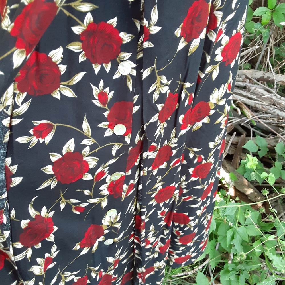 90s floral red rose black maxi dress faux vest and loads of buttons sz 12 - Picture 5 of 7